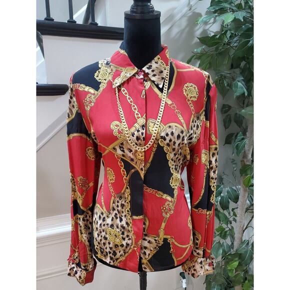 Color Fx Womens Multicolor 100% Silk Collared Long Sleeve Button Down Shirt L - Picture 1 of 13